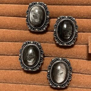 Oval Silver Sheen Obsidian adjustable ring with semi silver